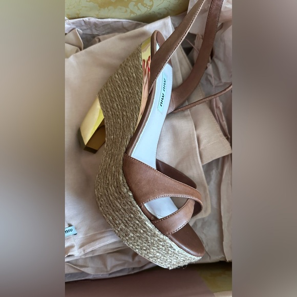 Miu Miu Tan and Gold Wedge Sandals - Picture 16 of 16